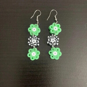 Handmade Perler Bead Lite Green/White/Black Flower Chain Earrings